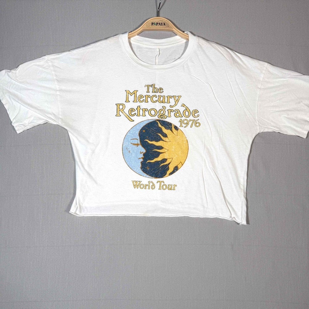 Papaya Mercury Retrograde 1976 World Tour Graphic Tee White Boxy Crop Top M